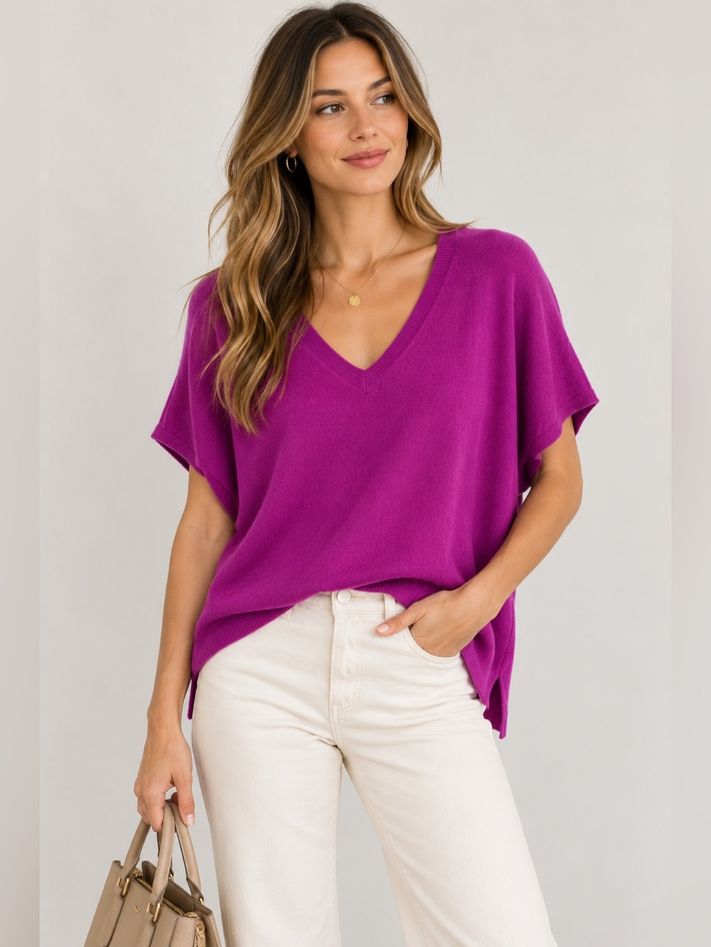 &Isla 100% Cashmere Raspberry V-Neck Oversized Knit Top Size M